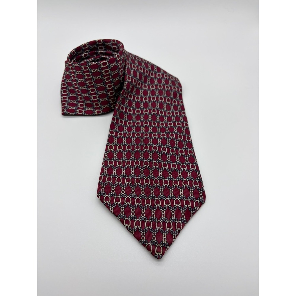 Saks Fifth Avenue Designer USA Tie, Handmade Red Geometric Chain Link 100% Silk